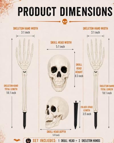 Vivinova 6-Pack Halloween Skeleton Decorations Outdoor with 2 Realistic Skull Heads - Creepy Yard Props