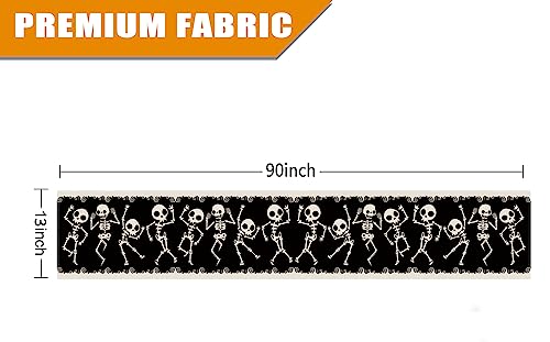 Halloween Skeleton Dancing Table Runner 13" x 90" Black Linen for Dining & Party