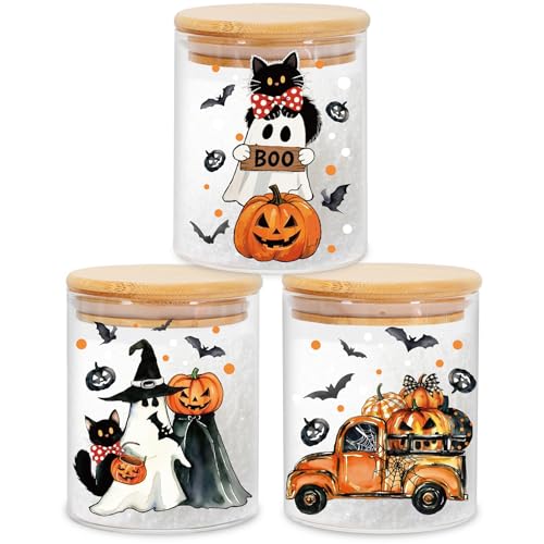 Halloween Glass Storage Jars Set with Airtight Lids - Ghost Pumpkin Truck Decor