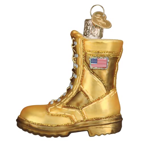 Military Boot Glass Ornament - Gold Combat Boot with Flag Patch, 3x2.75 Inches, Handcrafted Holiday Decor