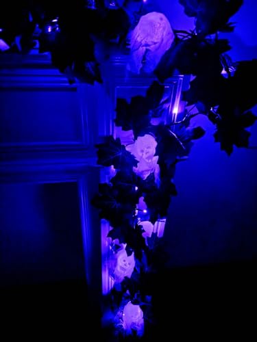 Halloween Black Maple Garland with Purple LED Lights Skeleton & Skull - Veiled Ghost Cobweb Maple