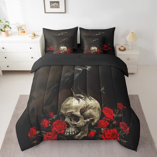 Black Red Sugar Skull King Bed in a Bag Halloween Kids Bedding Set with Comforter & Sheets