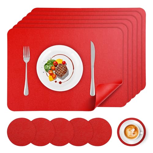 Red Vinyl Placemat Set of 6 Waterproof Heat-Resistant Table Mats for Dining & Kitchen