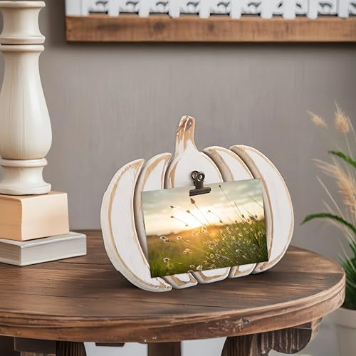 White Rustic Pumpkin Table Decor with Stand & Clip - 8x10 Inch - Fall & Holiday Decor