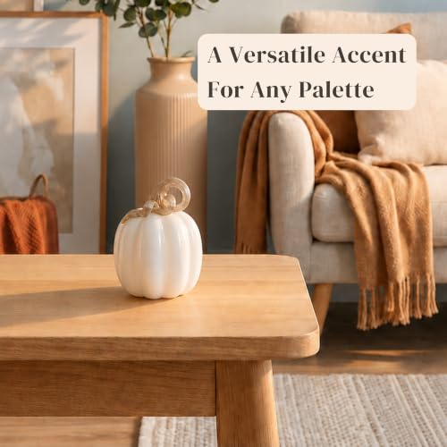 White Glass Pumpkin Decor - Elegant Autumn Figurine for Fall Home Decor