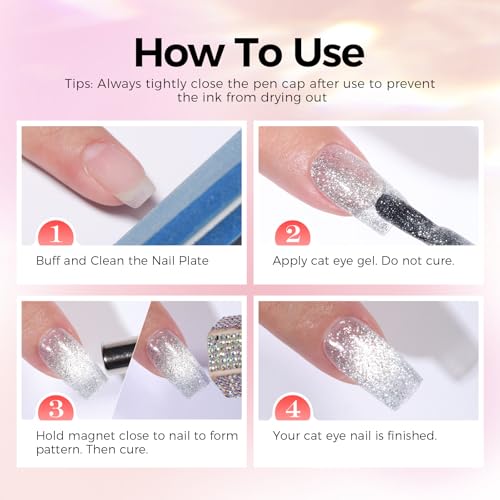Blue Sparkle Cat Eye Gel Nail Set - No Base or Top Coat Needed, Magnetic Effect