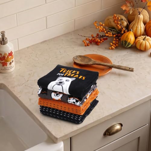 Halloween Kitchen Towel Set Ghost Dog & Puppy Prints - 4 Pack with Variety