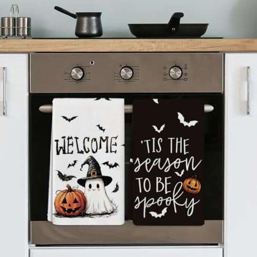 Halloween Kitchen Towels Set - Ghost Pumpkins and Bats Decor, Ultra-Soft & Absorbent