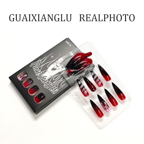 Halloween Press-On Nails Long Stiletto with Spider Web Glitter Design - Style D23, Red Black Ombre, Reusable Fake Nails, 24 Pieces