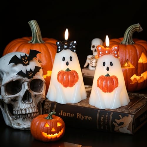 Halloween Ghost Flameless Candles with 6H Timer Hand-Painted Bows - B-2 Ghost Bows