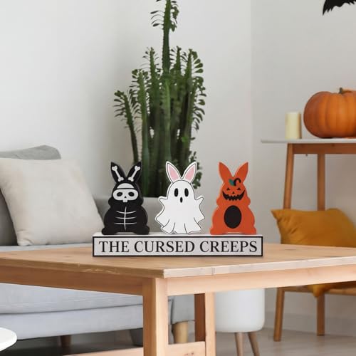 Gothic Easter Bunny Decorations Set - Wooden Skeleton Ghost Pumpkin Table Centerpiece