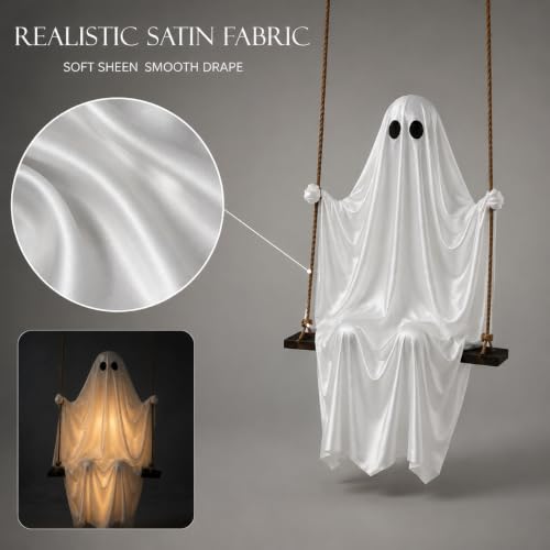 Large Hanging Swing Ghost with LED Lights - Outdoor Halloween Decor, 5 FT Spooky Ghost for Porch & Yard