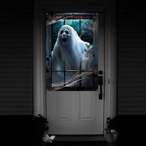 White Halloween Ghost Window Decoration - Large Spooky Haunted House Window Decor with Rope