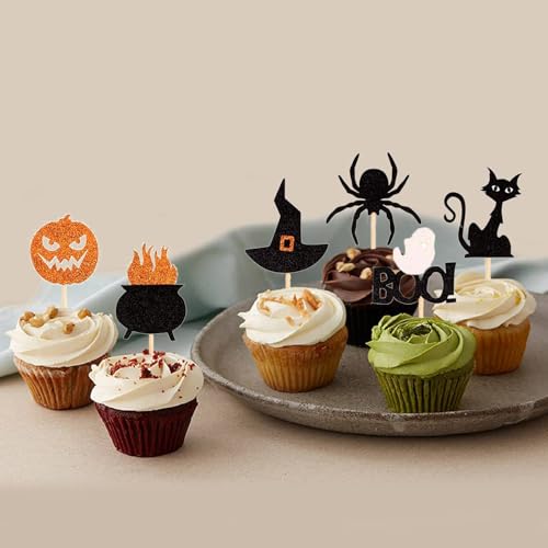 Halloween Cupcake Toppers 24PCS Ghost Pumpkin Cat Witch Cap Spider - Colorful