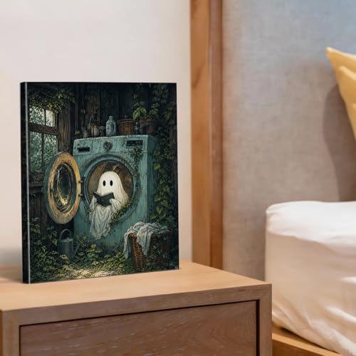 Halloween Ghost in Washing Machine Canvas Wall Art - Laundry Variation