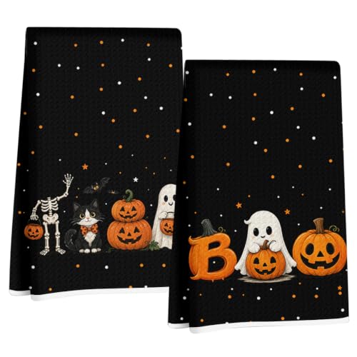 Jztco 2 Pcs Skull Cat Halloween Kitchen Towels Boo Spooky Pumpkin Multi 1660