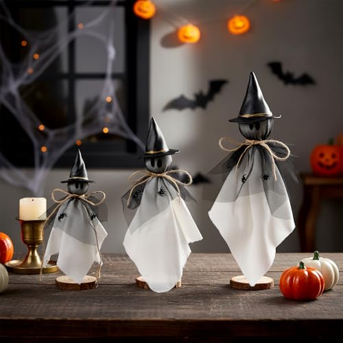 Halloween Ghost Decorations Set of 3 Rustic Wooden Tabletop Figures with Witch Hats