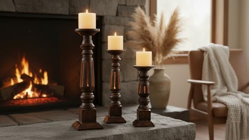 Set of 3 Rustic Mango Wood Candle Holders for Pillar Candles - Farmhouse Home Decor
