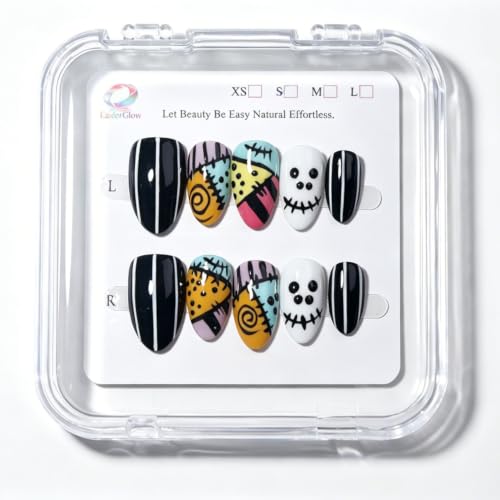 Reusable Short Almond Press-On Nails with Halloween Skull Design - S Variation