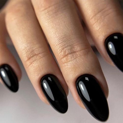 Black Obsidian Press-On Nails Medium Almond Stiletto Fake Nails, Gel Shine