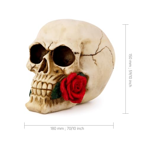 Halloween Skeleton Skull Decor with Rose Flowers, 8.1 Inch Gothic Statue