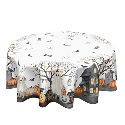Halloween Round Tablecloth 60 Inch - White Ghost Design, Orange Black Variations