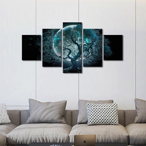 5 Panels Modern Tree of Life Wall Art - Moonlit Forest Canvas Prints, 60 x 32 Inches - Variation of THIS Listing