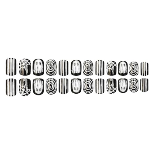 Halloween Ghost Press on Nails Short Square Fake Nails with Black White Ghost Spider Web Swirl Design - Design H2
