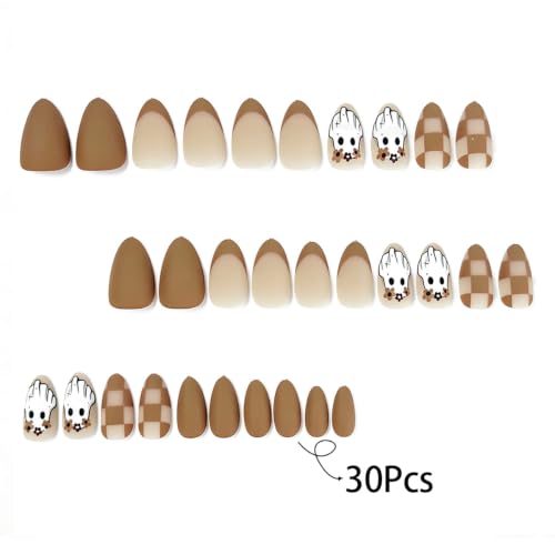 Halloween Almond Press On Nails - Ghost Checkered Brown Style-48 - Reusable Fake Nails