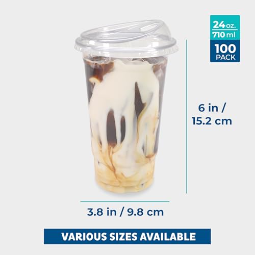 24 oz Clear Disposable Plastic Cups with Strawless Sip Lids - 100 Pack