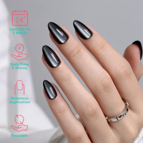 Short Almond Press-On Nails - Black Cat Eye Halloween Nails - Ink Noir 1C