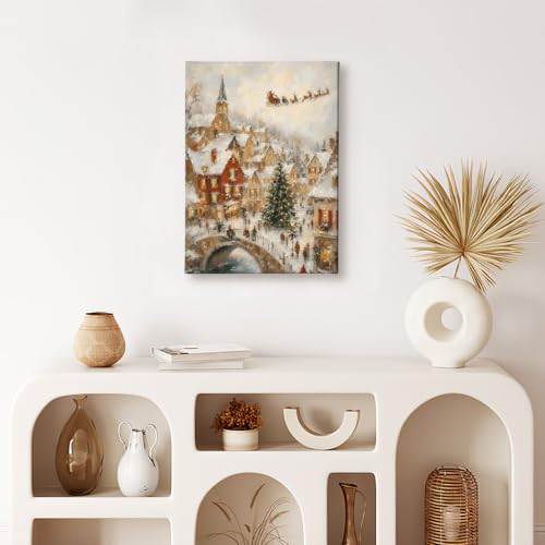 Christmas Village Wall Art Canvas Painting 11x14 Framed Holiday Decor - Tower Variant