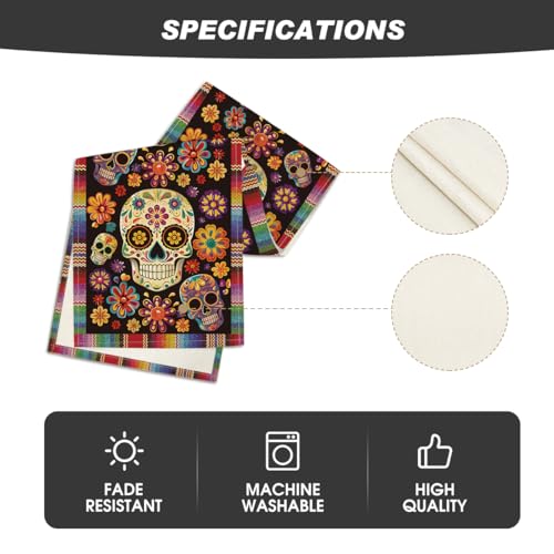 Flowers Sugar Skull Table Runner - Day of The Dead Mexican Decor 13x108 Inch - Red & Blue Variation