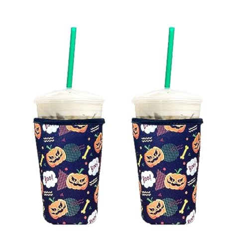Medium Neoprene Iced Coffee Sleeve Cups 2 Pack - Halloween Pumpkin