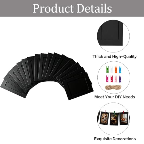 48PCS Black Paper Photo Frames with Clips & String - DIY Wall Display Set - Evechole