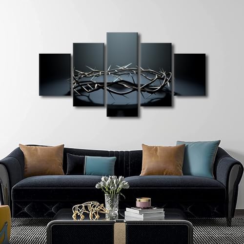 5 Panel Wall Art Christ Canvas Prints with Crown of Thorns - 60 x 32 Inches - Framed Modern Home Decor - Variation: 60''Wx32''H / Artwork-04