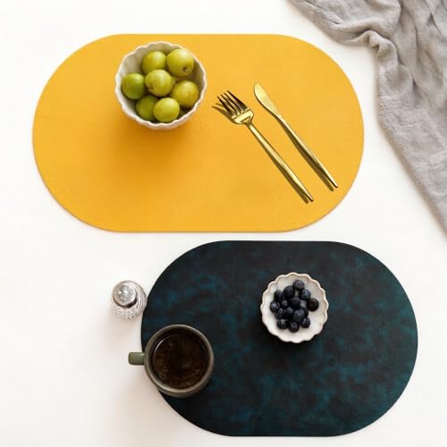 Dark Gray Oval Faux Leather Placemats Set of 6 Waterproof & Heat Resistant