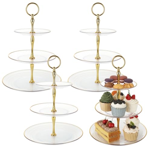 4 Pack 3-Tier Plastic Cupcake Stand Set with Gold Rim for Weddings & Parties