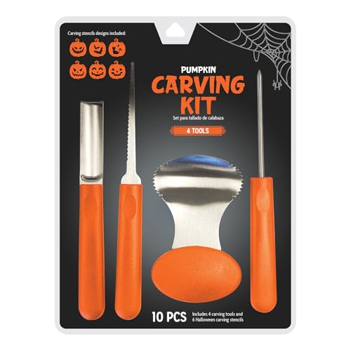 Halloween Pumpkin Carving Kit with 4 Stainless Steel Tools & 6 Stencils - 10 Pieces