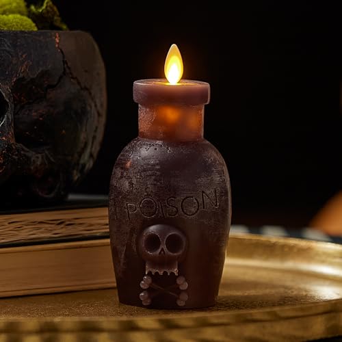Flameless Poison Bottle Candle - Dark Chocolate Wax with Moving Flame & Timer, Halloween Decor, Chocolate Torte Variation