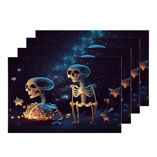Halloween Linen Placemats Set of 4 12x18 Inches Skeleton Stars Horror Washable