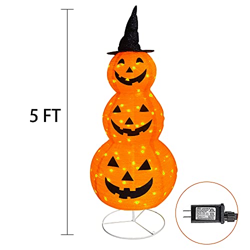 5FT Collapsible Halloween Pumpkin Decoration with Pre-Lit Lights and Metal Stand