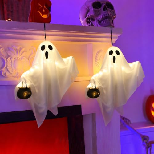 2 Pack Glowing Hanging Ghosts with Black Cauldrons - Halloween Yard Decor, Indoor Party Decorations, Spooky Ghosts with LED Glow - White Variant