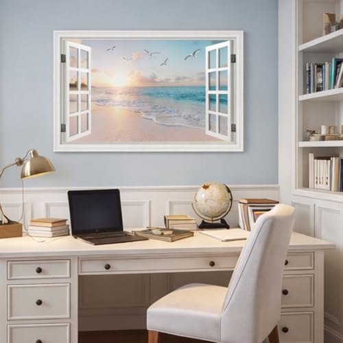 Pink Beach Wall Art Canvas for Living Room & Bedroom - Sunset Seascape 32x48in - Large Ocean Picture with Fake Window Frame Style