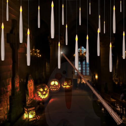 White 20Pcs Flameless Taper Floating Candles with Wand - Halloween Decor