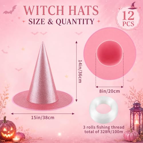 Pink Halloween Witch Hat Decorations - 12 Glitter Hanging Witch Hats with Ropes