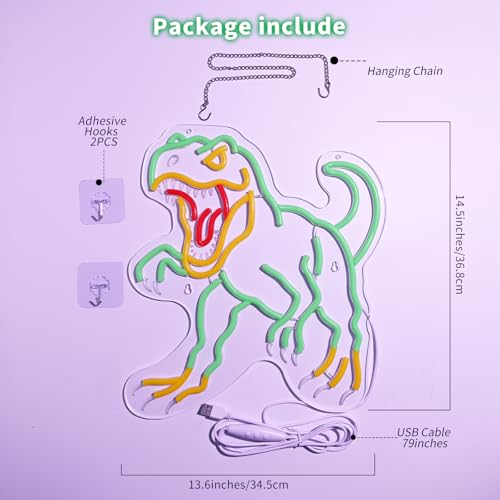 Green Dinosaur Neon Sign - Dimmable Jurassic T-Rex LED Light Decor - 14.5x13.6"