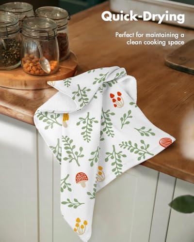 Cotton Waffle Kitchen Towels - Mushroom Pattern, 2 Pack - Absorbent & Quick-Drying
