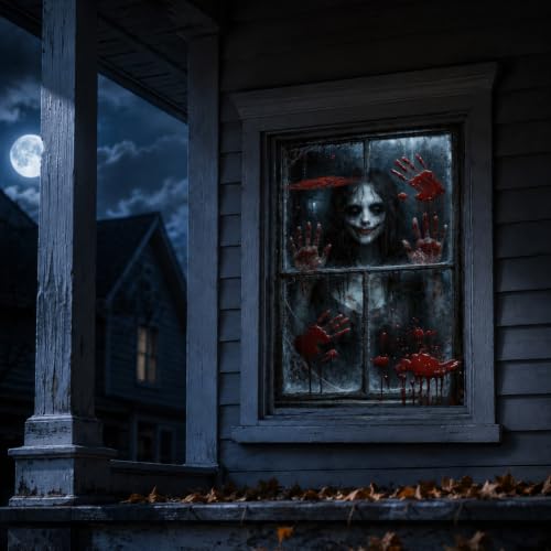 Halloween Window Cover - Spooky Horror Ghost & Blood Handprints Decoration 31.5x47.2"