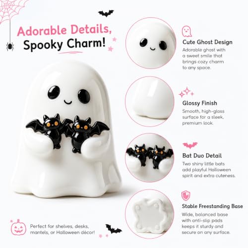 Halloween Ghost Figurine with Bats - Glossy White Spooky Decor, Bat Ghost Variation
